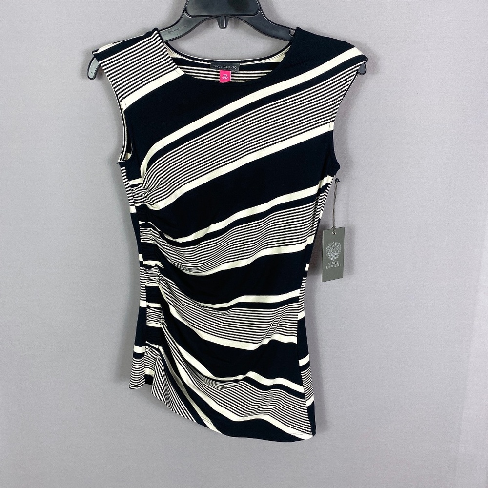 Vince Camuto Womens Zen Bloom Sleeveless Ruched Top in Rich Black White …